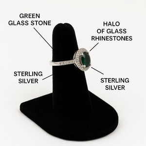 Sterling Silver Halo Ring with Emerald & Clear Glass Rhinestones